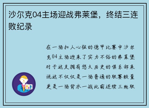 沙尔克04主场迎战弗莱堡，终结三连败纪录