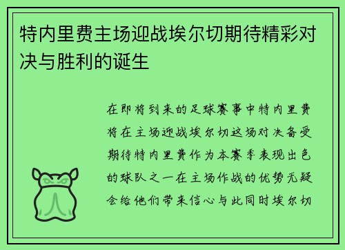 特内里费主场迎战埃尔切期待精彩对决与胜利的诞生